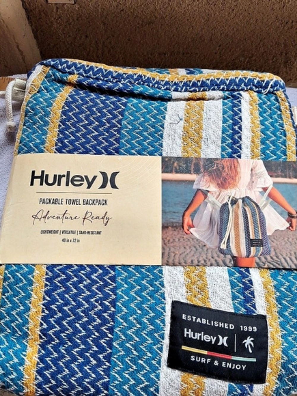 Hurley Packable Towel Backpack Striped Blue & White NWT